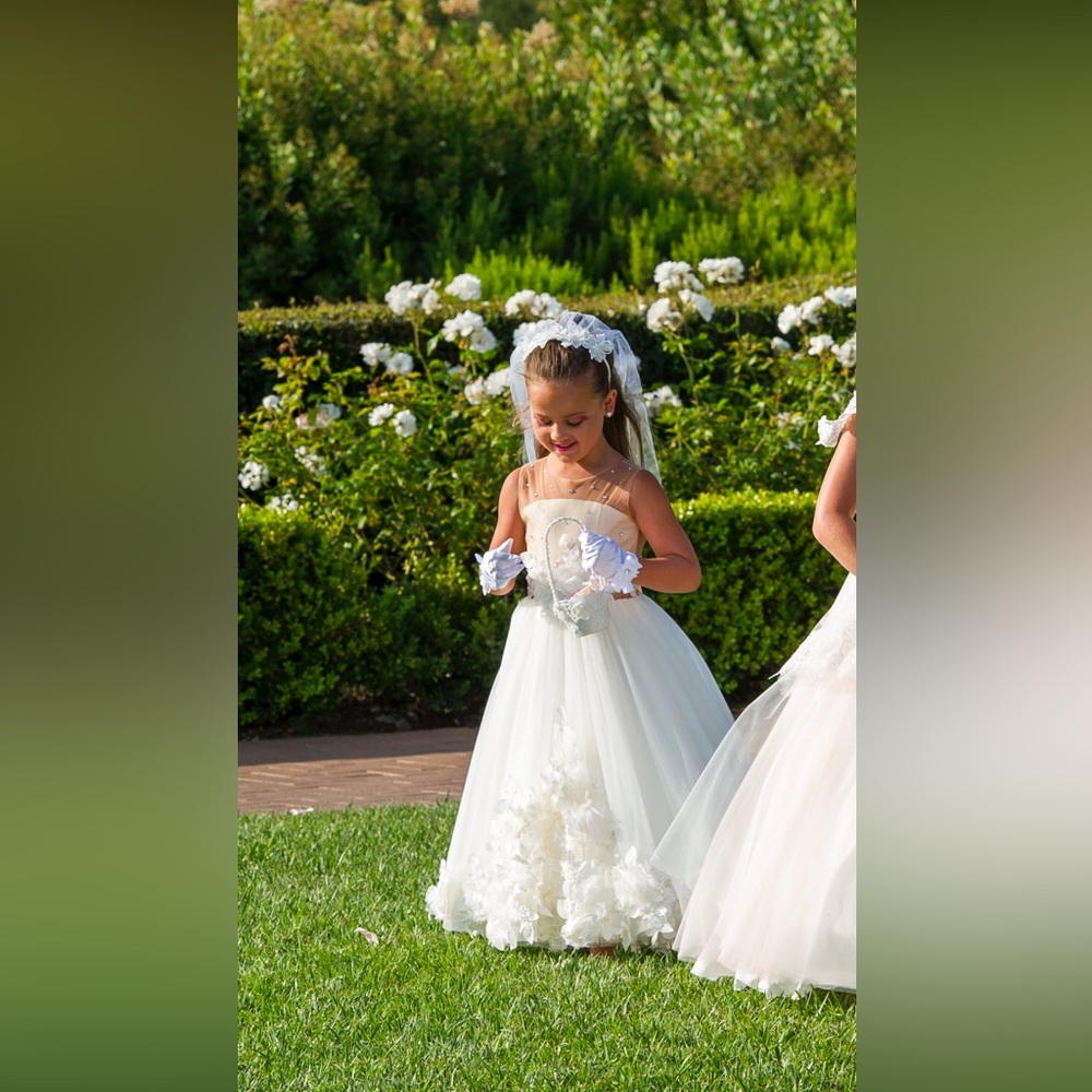 Ivory Tulle Flower Girl Dress with Floral Appliqué and Veil